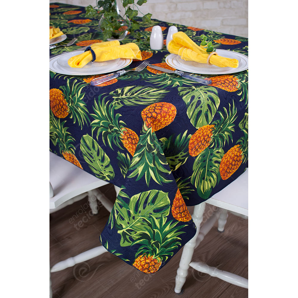 Toalha de Mesa Retangular em Tecido Jacquard Estampado Floral Azul Amarelo  e Verde - Enrolado Tecidos